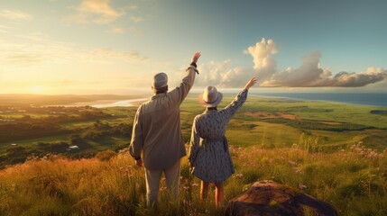 Seniors couple pointing to the horizon in nature.