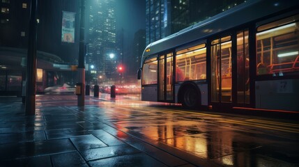 Public bus stop, empty of passengers at night in the middle of the city. Street light. - obrazy, fototapety, plakaty