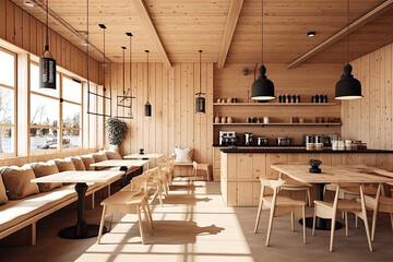 Interior design of cafe with wooden vintage style, decorated with warm and cozy tones, relaxing tones with classic old wood round corner counter and coffee machinery.