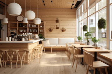 Interior design of cafe with wooden vintage style, decorated with warm and cozy tones, relaxing tones with classic old wood round corner counter and coffee machinery.