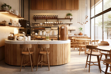 Interior design of cafe with wooden vintage style, decorated with warm and cozy tones, relaxing tones with classic old wood round corner counter and coffee machinery.