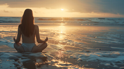 Fototapeta premium meditation woman illuminated on beach