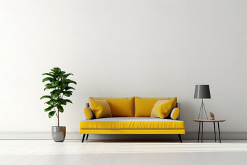 Yellow sofa minimal in living room interior with plant,white wall. 3d render illustration.