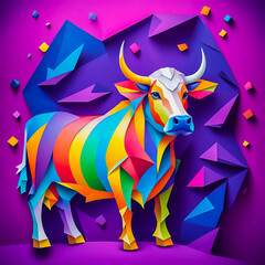 cow made of paper on the abstract background.	