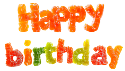The inscription, text "Happy Birthday" made from orange marmalade, made from jam. Isolated on a transparent background.