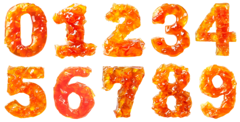 Numbers made from orange marmalade and jam. Set of numbers from 0 to 9. Isolated on a transparent background.