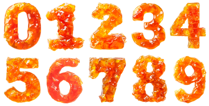 Numbers made from orange marmalade and jam. Set of numbers from 0 to 9. Isolated on a transparent background.