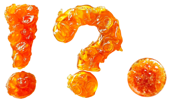 Orange marmalade punctuation marks. Question mark, period and exclamation mark from jam. Isolated on a transparent background.