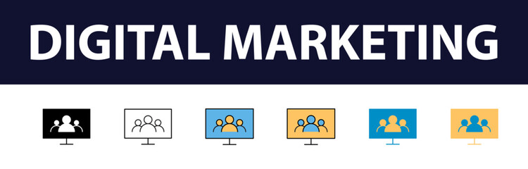 Dynamic Digital Presence: Comprehensive Set of Digital Marketing Color Fill and Line Icons - Website, SEO, Social Media, Online Advertising, Mail, Content, Strategy, Target, Feedback