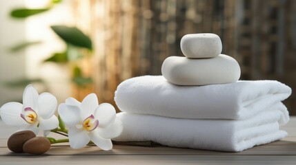 Fototapeta na wymiar Stack of towels inside women's beauty and relaxation clinic spa massage studio.
