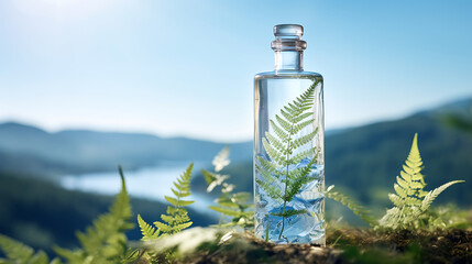 A white bottle glass with ferns, moss, sparkling lake, dragonfly, light blue sky, background blur, sunlight, nature, sense of space