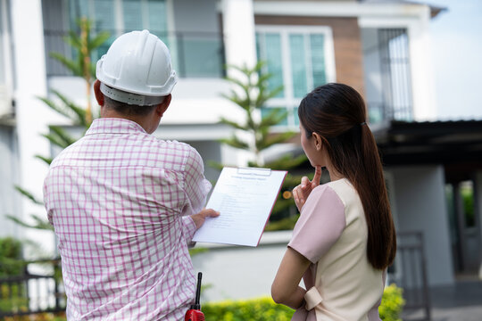 Senior home inspector explains Inspection results with homeowner, handyman holding clipboard and after checking details before renovations home, house improvement interior, Interior design Real estate