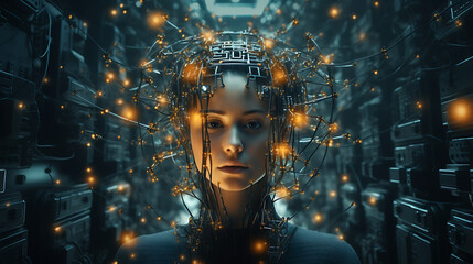 A young woman with information technology inside head - obrazy, fototapety, plakaty
