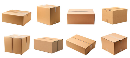 Fototapeta premium Set pf boxes parcels or cardboard from various side for packaging isolated on transparent png background, open and close carton.