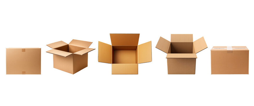 Set pf boxes parcels or cardboard from various side for packaging isolated on transparent png background, open and close carton.