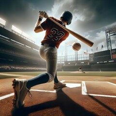 Male Baseball batter hitting baseball action shot in baseball stadium from low angle view perspective from the back using wide angle lens, dynamic sports action photo - obrazy, fototapety, plakaty
