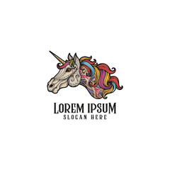 hand-drawn vintage colorful unicorn head logo design, illustration, white background