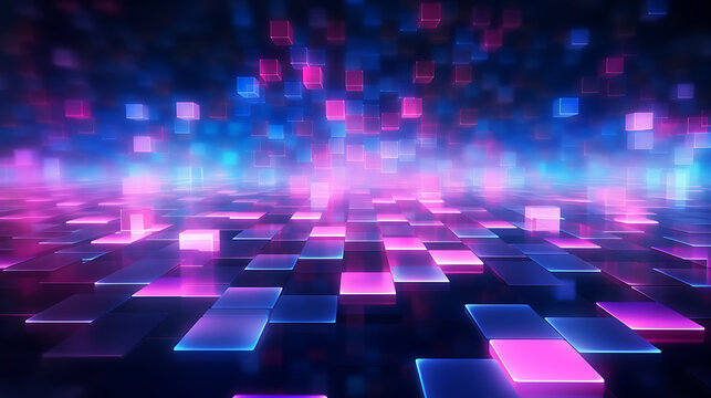 Abstract background with pink blue glowing neon bokeh lights. data transfer concept, digital wallpaper
