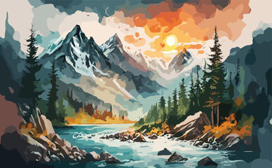 watercolor painting of mountain and river, illustration, digital landscape painting - obrazy, fototapety, plakaty