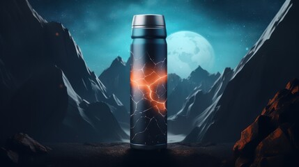 Sports energy drink bottle with a vibrant lightning bolt design. Background mountain.