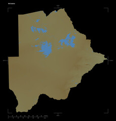 Botswana shape isolated on black. Physical elevation map