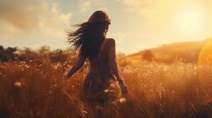 Girl walking in the meadow on the grass in the rays of the setting sun. Concept of women's dreams, success, travel, flight. - obrazy, fototapety, plakaty