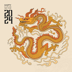 Happy new year 2024, Year of the dragon, Happy lunar new year 2024, Vietnamese Dragon Illustration. 