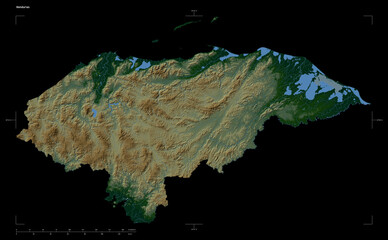 Honduras shape isolated on black. Physical elevation map