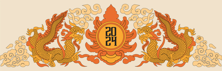 Happy new year 2024, Year of the dragon, Happy lunar new year 2024, Vietnamese Dragon Illustration. 