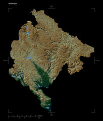 Montenegro shape isolated on black. Physical elevation map