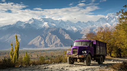 Mystic purple truck against Skardu's breathtaking mountains.