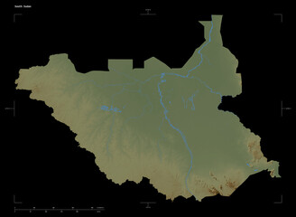 South Sudan shape isolated on black. Physical elevation map