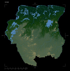 Suriname shape isolated on black. Physical elevation map