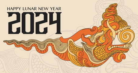 Happy new year 2024, Year of the dragon, Happy lunar new year 2024, Vietnamese Dragon Illustration. 