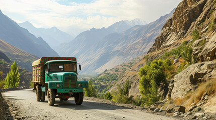 Emerald green truck adorned with patterns on Skardu's scenic roads.