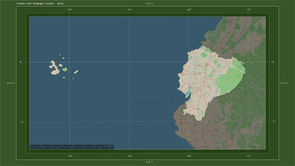 Ecuador with Galápagos Islands composition. OSM Topographic German style map