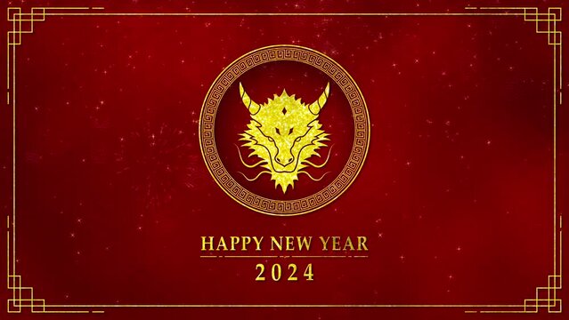Motion graphic of Golden dragon logo with chinese new year and year of the Dragon 2024 on dark red background and glitter particle in a happy new year concept seamless loop video