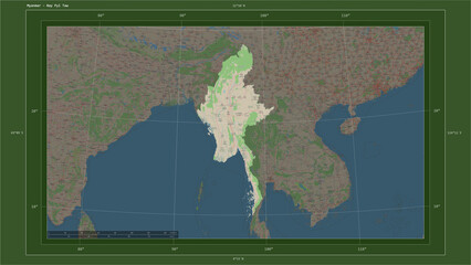 Myanmar composition. OSM Topographic German style map