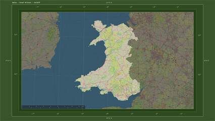 Wales - Great Britain composition. OSM Topographic German style map