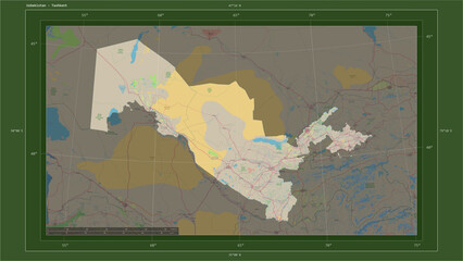 Uzbekistan composition. OSM Topographic German style map