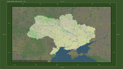 Ukraine between 2014 and 2022 composition. OSM Topographic German style map