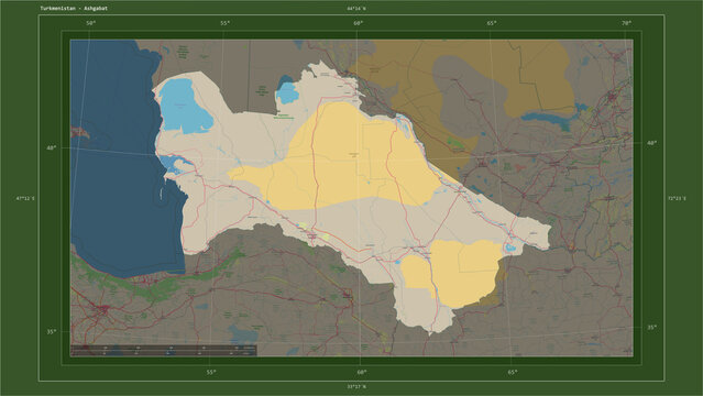 Turkmenistan composition. OSM Topographic German style map