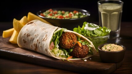 falafel wrap with hummus and pub's foods present on table