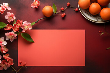 Mockup blank paper greeting card with plum blossoms flower and mandarin orange symbol of prosperity, Chinese new year background. - obrazy, fototapety, plakaty