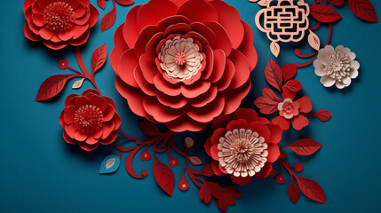 Paper craft red peony flowers on blue background, Chinese new year or Lunar new year concept, oriental background.