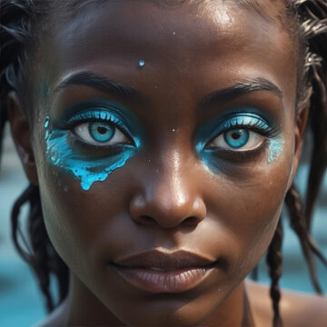 Enigmatic Monochrome: Mesmerizing mixed-race naiad with mesmerizing blue eyes emerging from the lake, artistic digital painting Gen AI