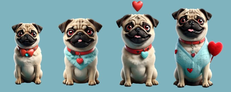 Cute pug dog Valentines day concept. Generative AI.