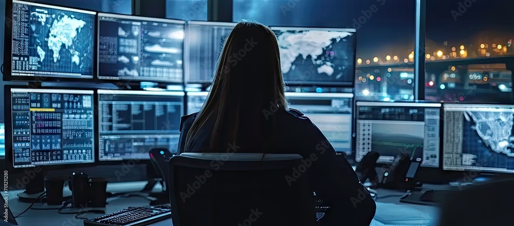 Poster cybersecurity operations. professional engineers monitoring information in dark room. online team. o