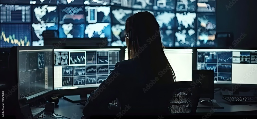 Poster cybersecurity operations. professional engineers monitoring information in dark room. online team. o