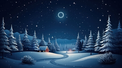 Fototapeta na wymiar Stars above Winter landscape and small house. Mystical night. Illustration for a fairy tale.